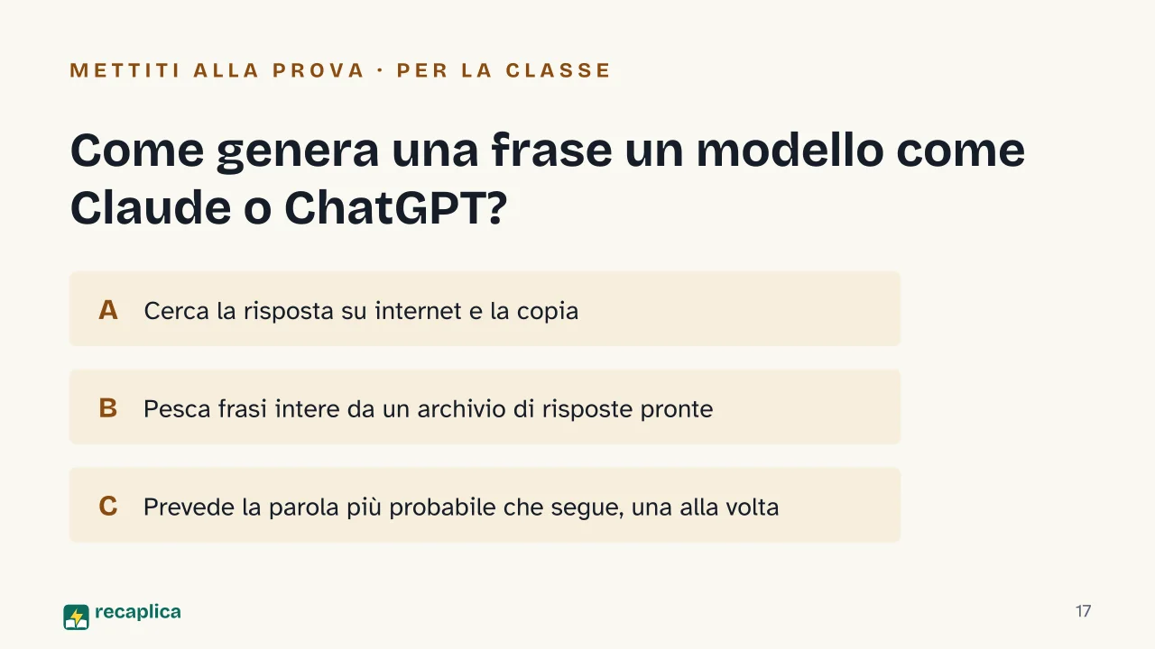 Slide 17 della presentazione su Intelligenza artificiale generativa: Come genera una frase un modello come Claude o ChatGPT?