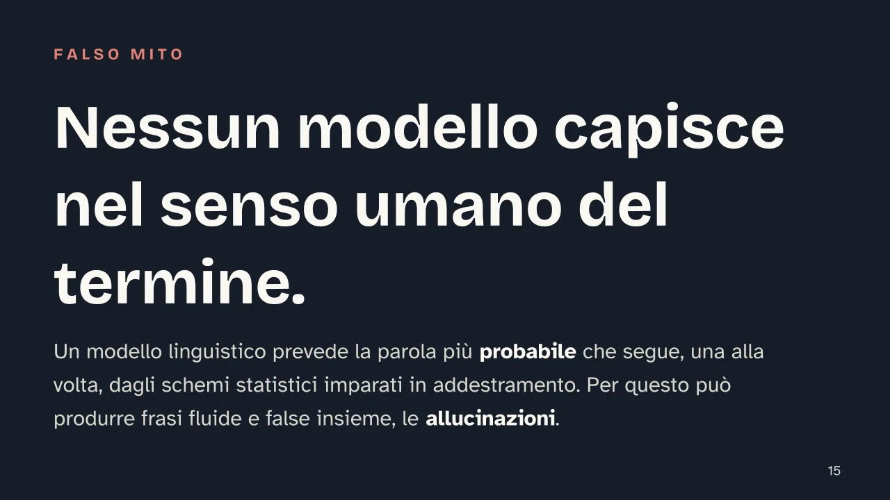 Slide 15 della presentazione su Intelligenza artificiale: Nessun modello capisce nel senso umano del termine.