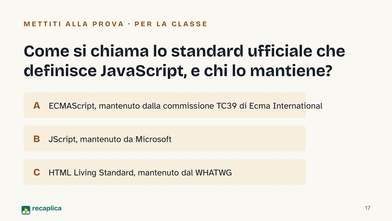 Slide 17 della presentazione su JavaScript: Come si chiama lo standard ufficiale che definisce JavaScript, e chi lo mantiene?