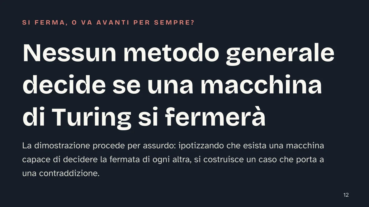 Slide 12 della presentazione su Macchina di Turing: Nessun metodo generale decide se una macchina di Turing si fermerà