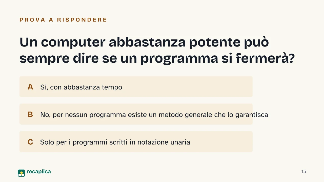 Slide 15 della presentazione su Macchina di Turing: Un computer abbastanza potente può sempre dire se un programma si fermerà?
