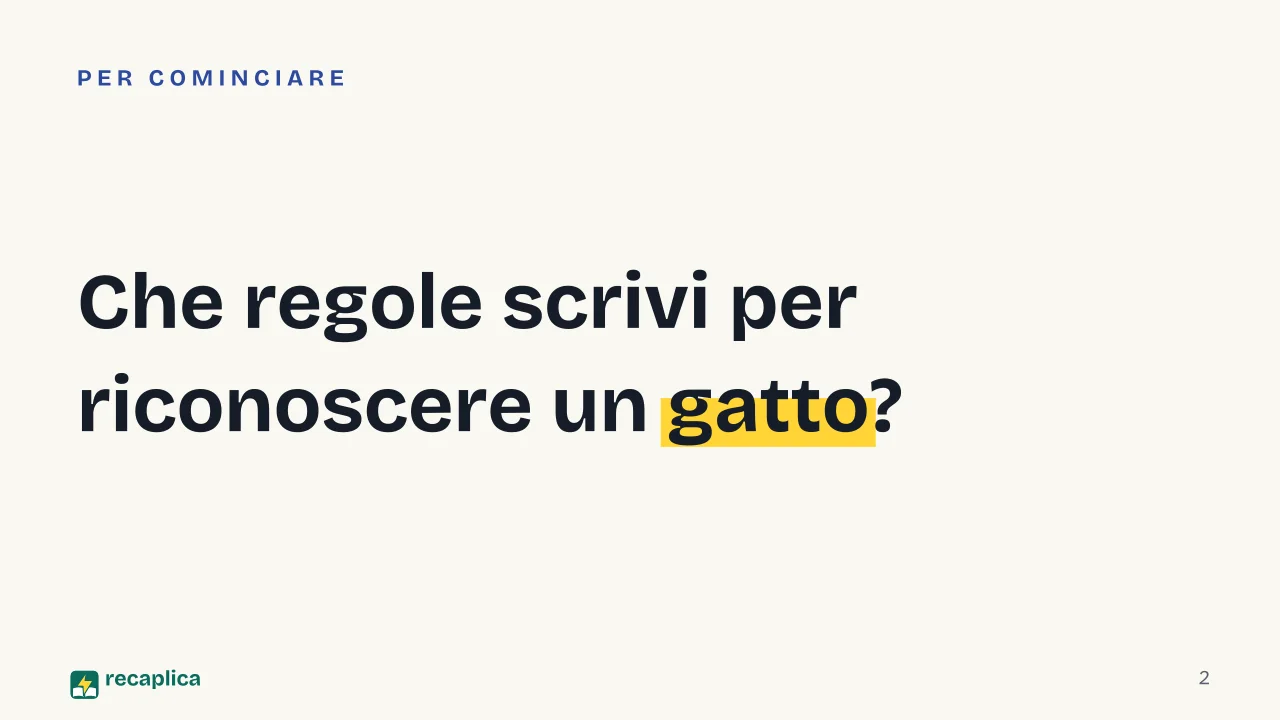 Slide 2 della presentazione su Il machine learning: Che regole scrivi per riconoscere un gatto?