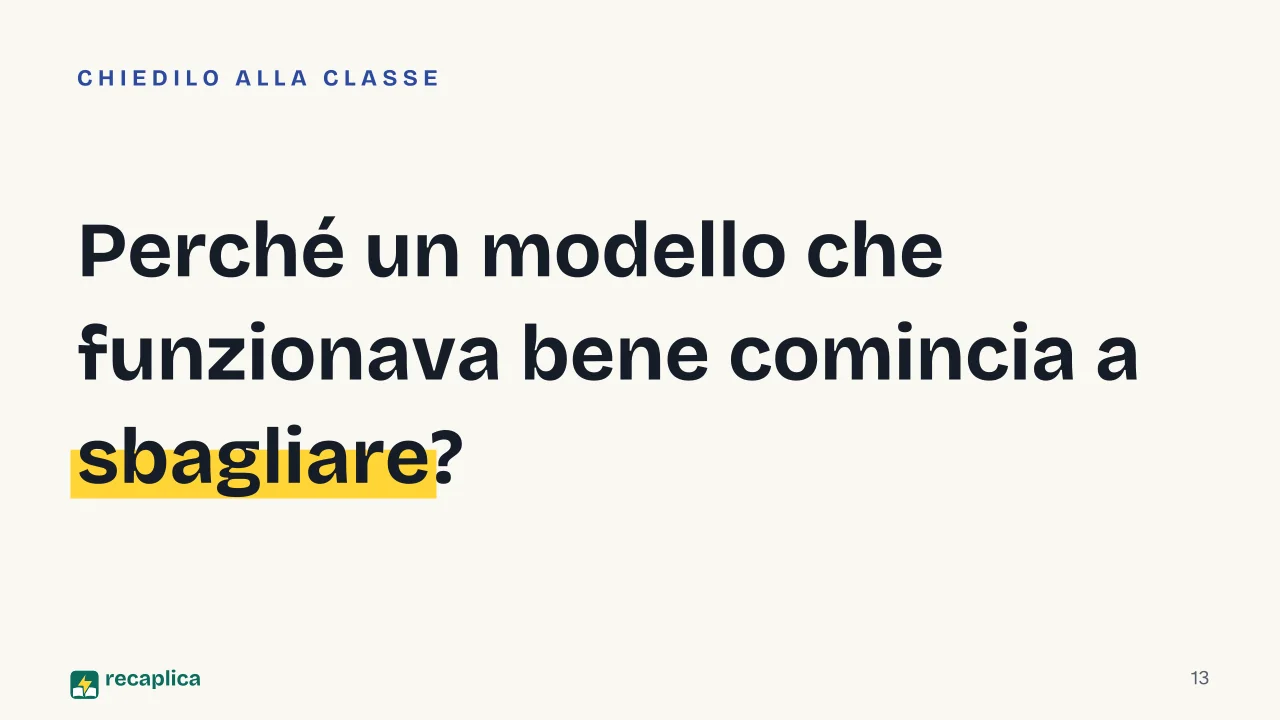 Slide 13 della presentazione su Il machine learning: Perché un modello che funzionava bene comincia a sbagliare?