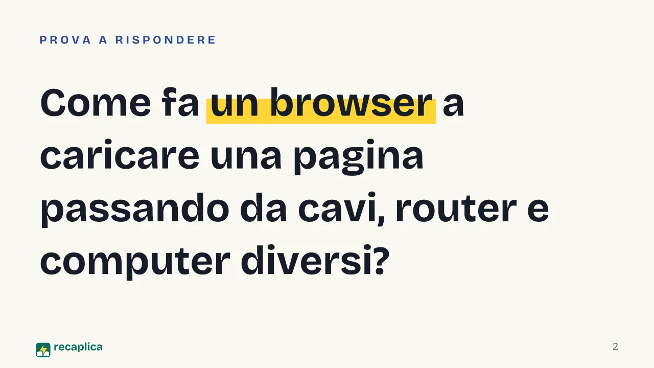 Slide 2 della presentazione su Modello ISO/OSI: Come fa un browser a caricare una pagina passando da cavi, router e computer diversi?