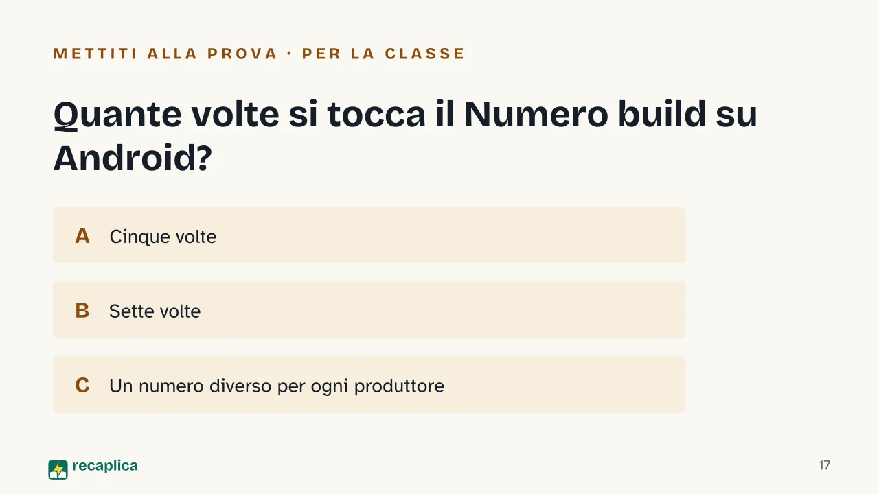 Slide 17 della presentazione su Opzioni sviluppatore: Quante volte si tocca il Numero build su Android?