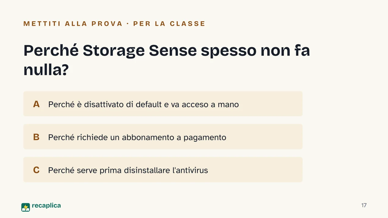 Slide 17 della presentazione su Pulizia di PC e Mac: Perché Storage Sense spesso non fa nulla?