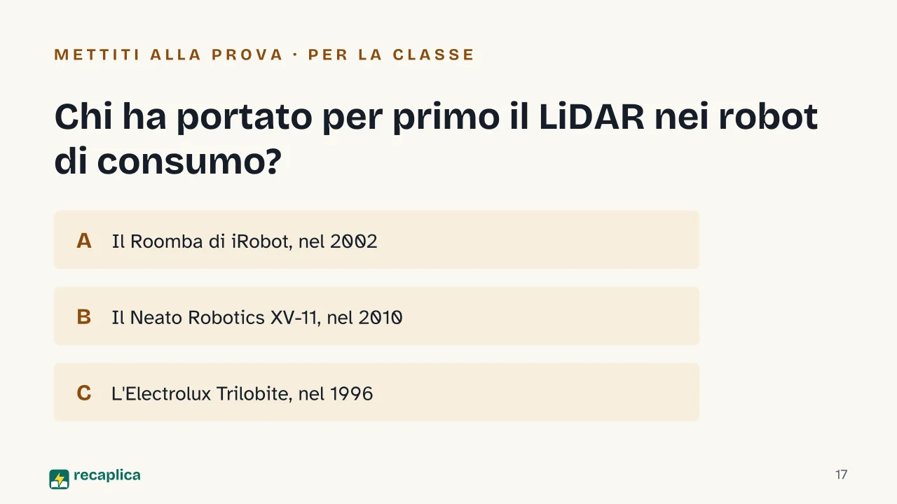 Slide 17 della presentazione su Robot aspirapolvere: Chi ha portato per primo il LiDAR nei robot di consumo?