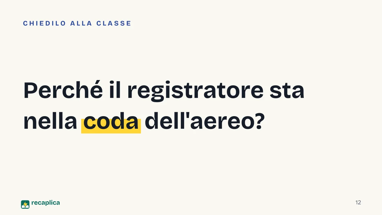 Slide 12 della presentazione su Scatola nera degli aerei: Perché il registratore sta nella coda dell'aereo?