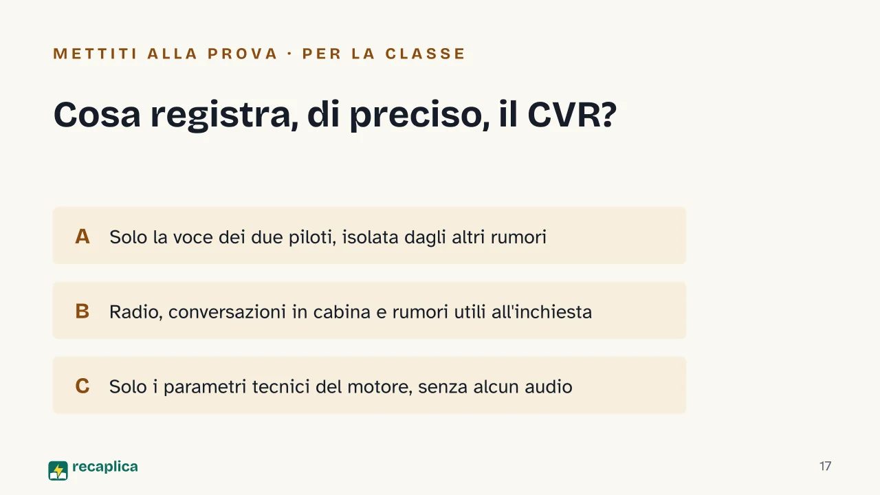 Slide 17 della presentazione su Scatola nera degli aerei: Cosa registra, di preciso, il CVR?
