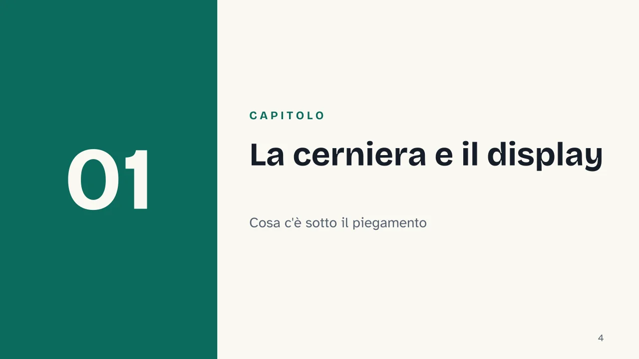 Slide 4 della presentazione su Smartphone pieghevoli: Capitolo 01: La cerniera e il display