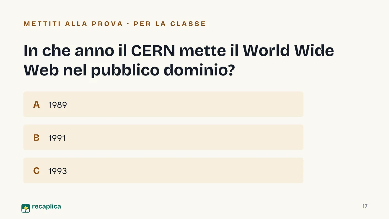Slide 17 della presentazione su Storia di Internet: In che anno il CERN mette il World Wide Web nel pubblico dominio?