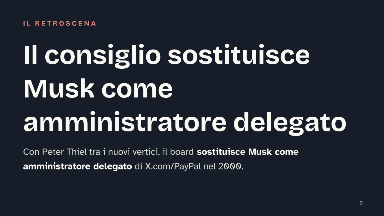 Slide 6 della presentazione su Elon Musk: Il consiglio sostituisce Musk come amministratore delegato
