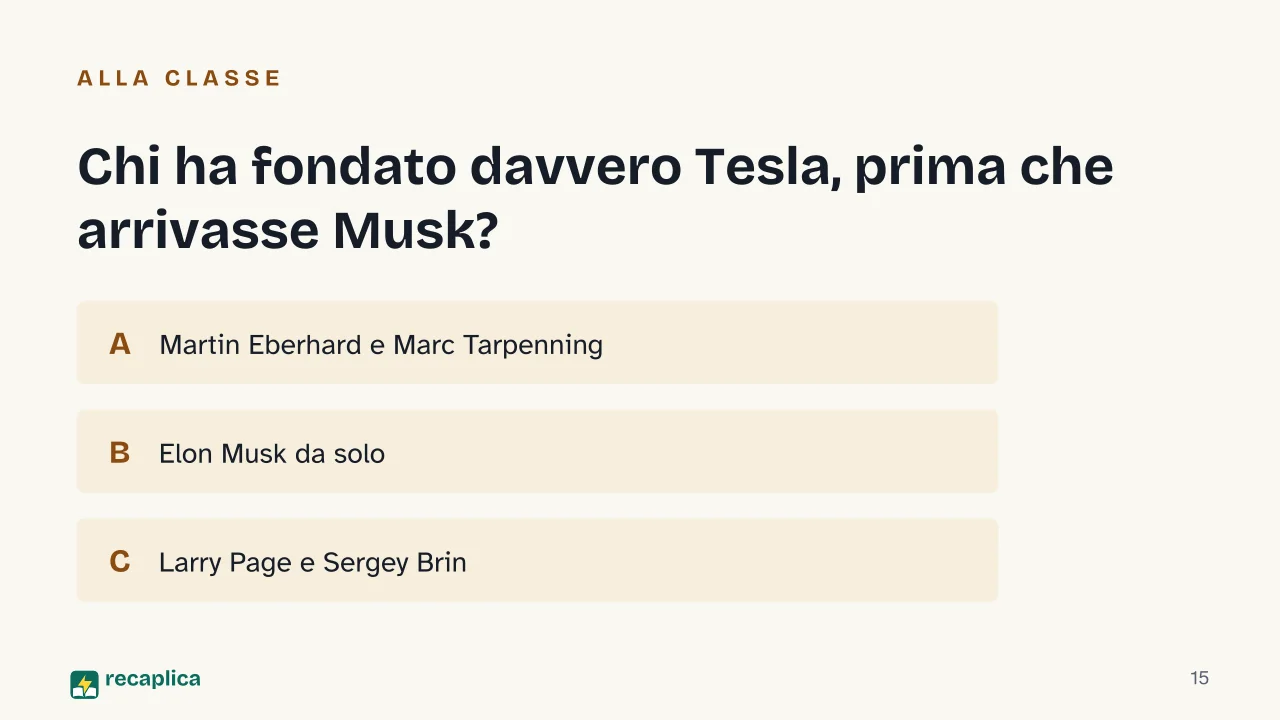 Slide 15 della presentazione su Elon Musk: Chi ha fondato davvero Tesla, prima che arrivasse Musk?