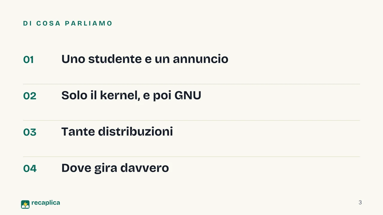 Slide 3 della presentazione su Storia di Linux: Di cosa parliamo