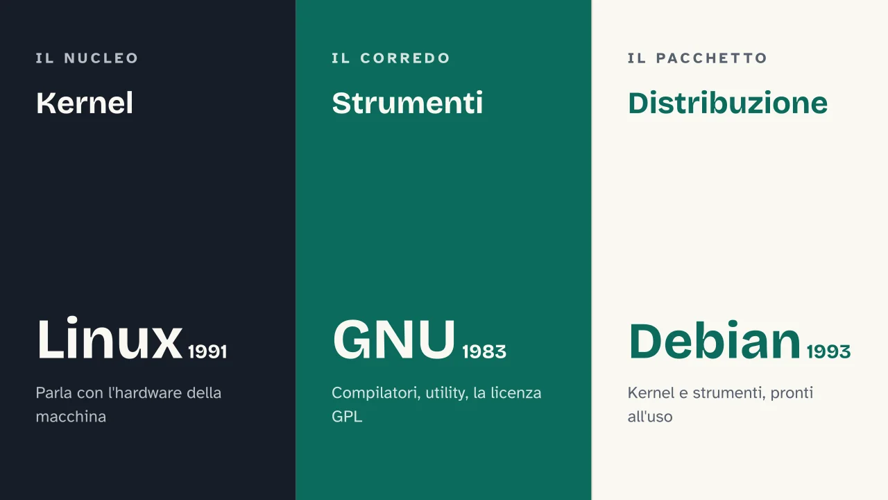 Slide 8 della presentazione su Storia di Linux: Kernel · Strumenti · Distribuzione