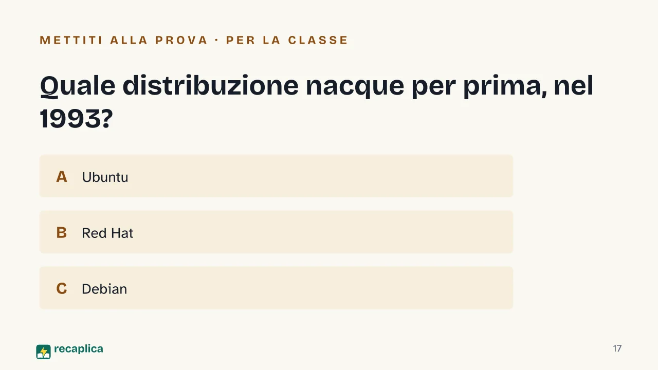 Slide 17 della presentazione su Storia di Linux: Quale distribuzione nacque per prima, nel 1993?