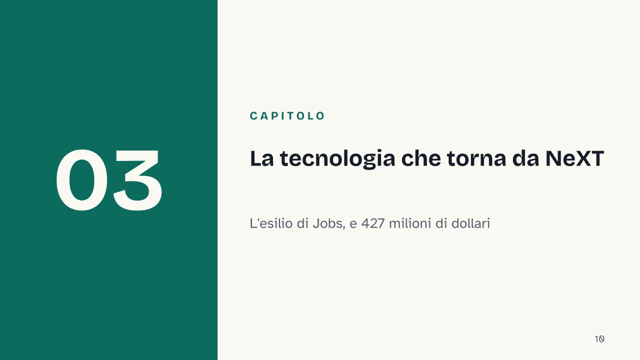 Slide 10 della presentazione su macOS e Mac OS: Capitolo 03: La tecnologia che torna da NeXT