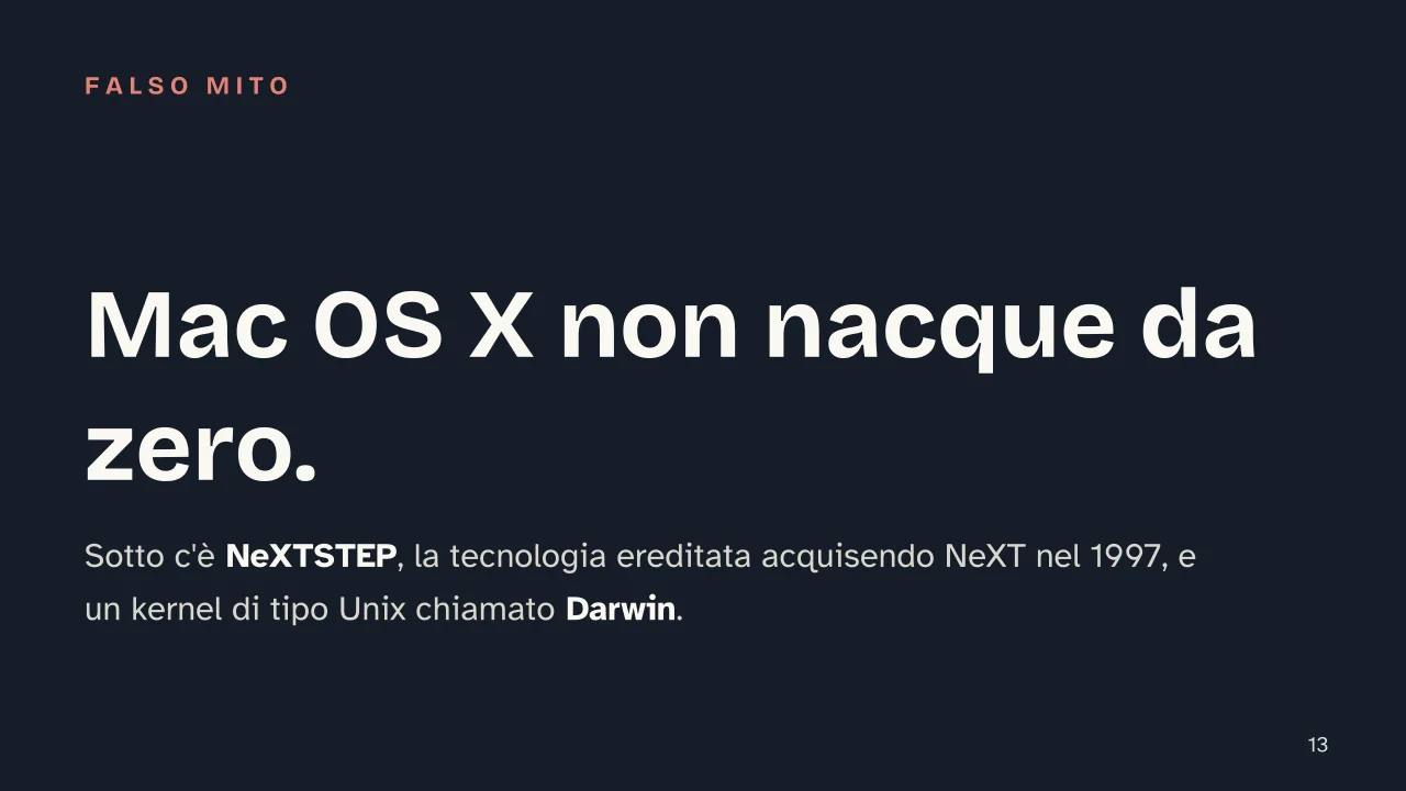 Slide 13 della presentazione su macOS e Mac OS: Mac OS X non nacque da zero.
