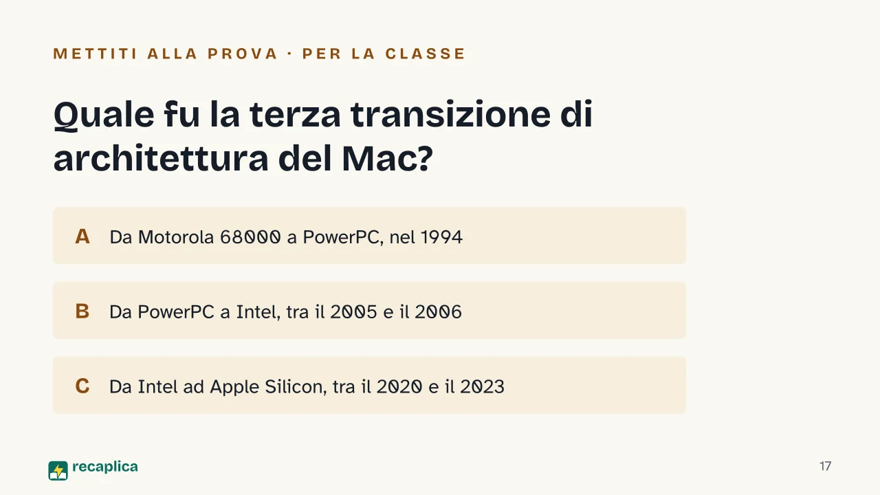Slide 17 della presentazione su macOS e Mac OS: Quale fu la terza transizione di architettura del Mac?