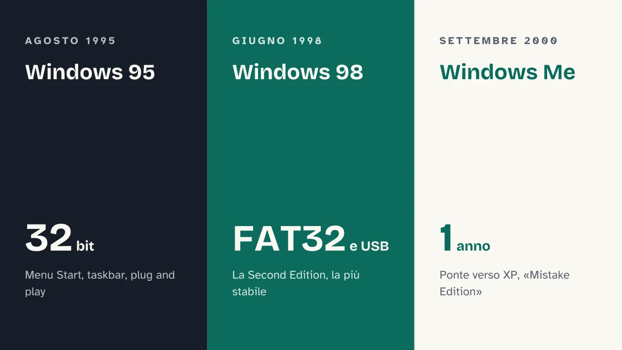 Slide 13 della presentazione su Windows: Windows 95 · Windows 98 · Windows Me