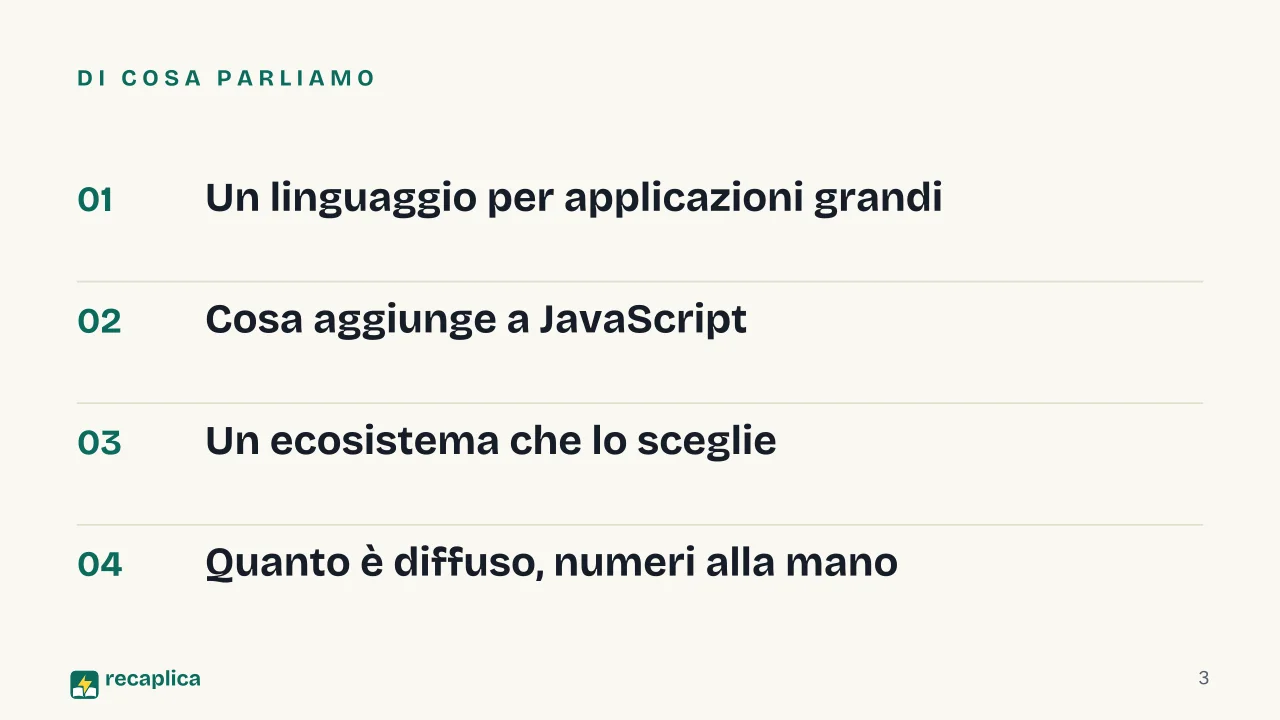 Slide 3 della presentazione su TypeScript: Di cosa parliamo