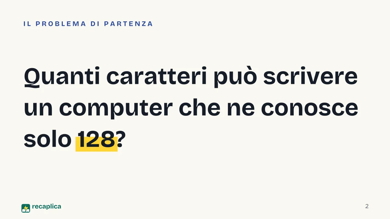 Slide 2 della presentazione su Unicode: Quanti caratteri può scrivere un computer che ne conosce solo 128?