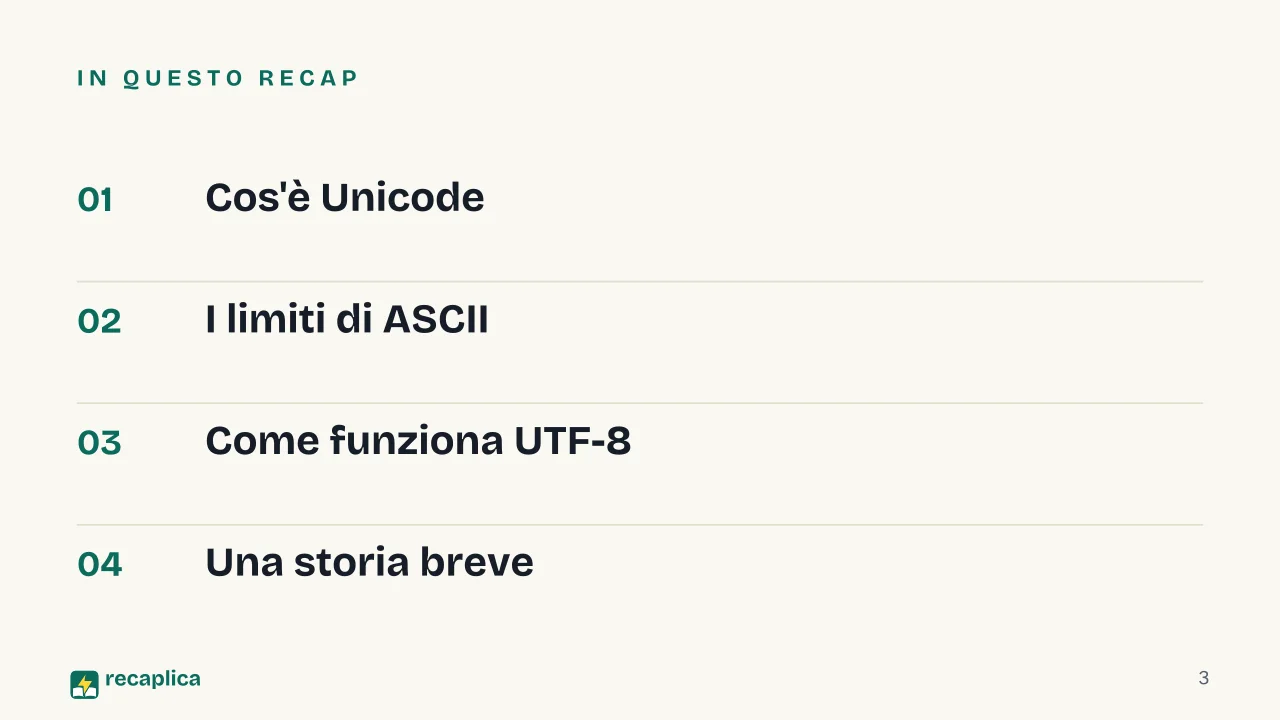 Slide 3 della presentazione su Unicode: In questo Recap