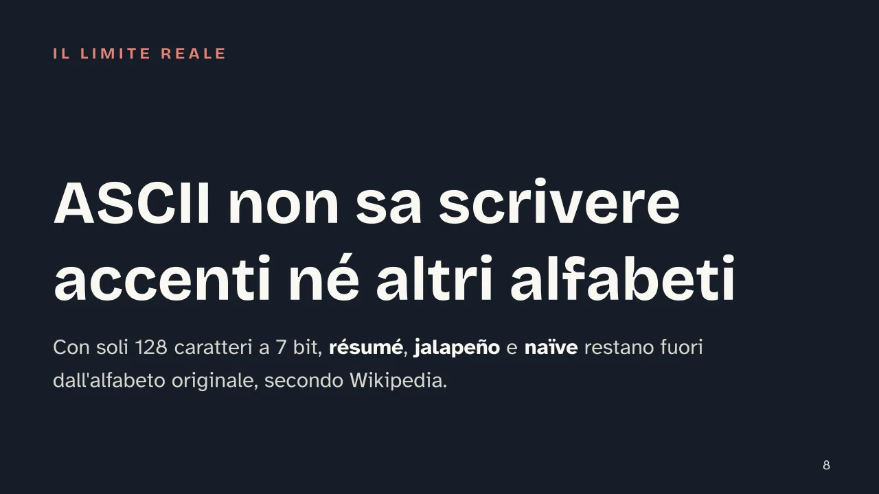 Slide 8 della presentazione su Unicode: ASCII non sa scrivere accenti né altri alfabeti