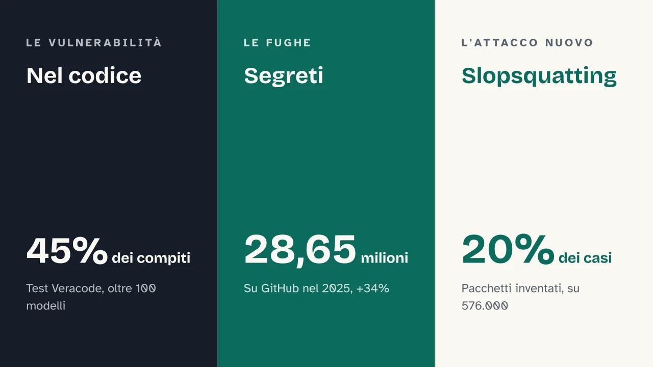 Slide 13 della presentazione su Vibe coding: Nel codice · Segreti · Slopsquatting