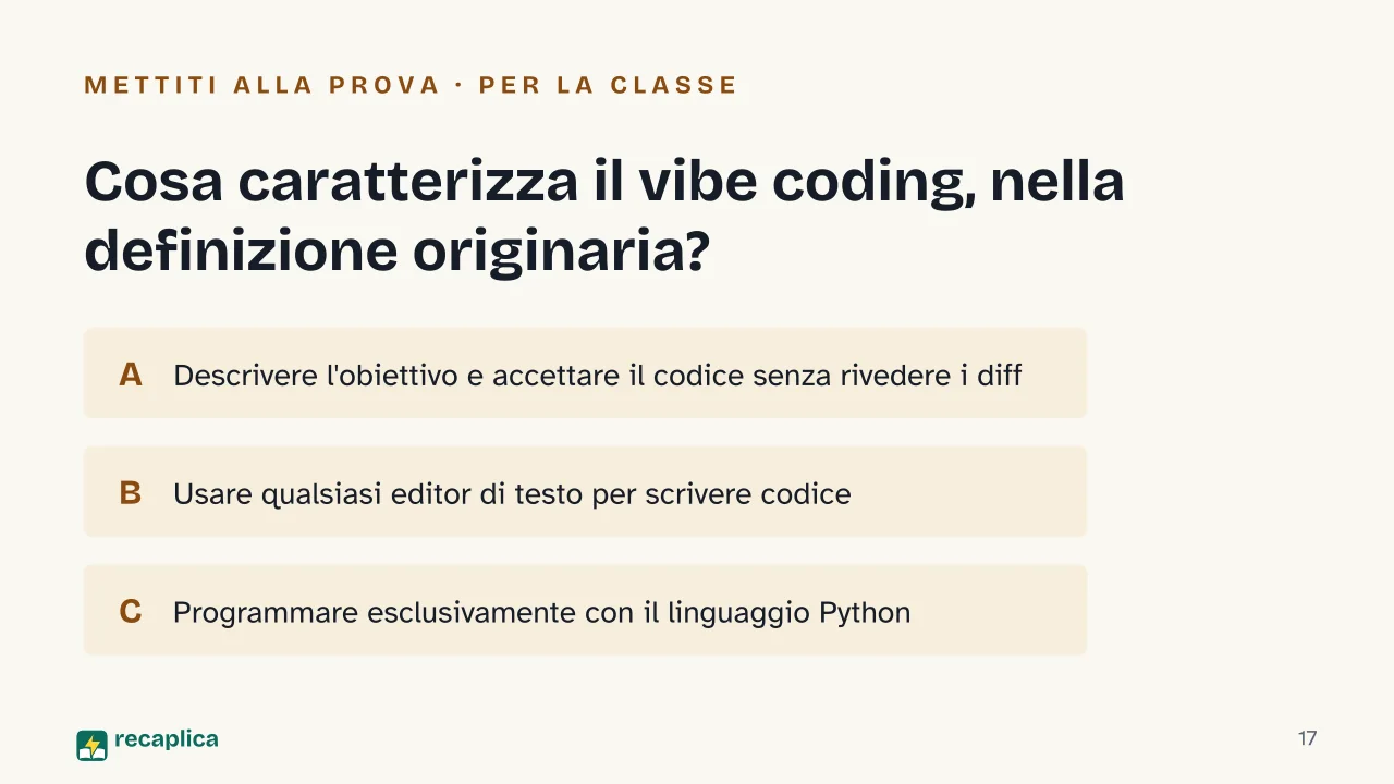 Slide 17 della presentazione su Vibe coding: Cosa caratterizza il vibe coding, nella definizione originaria?