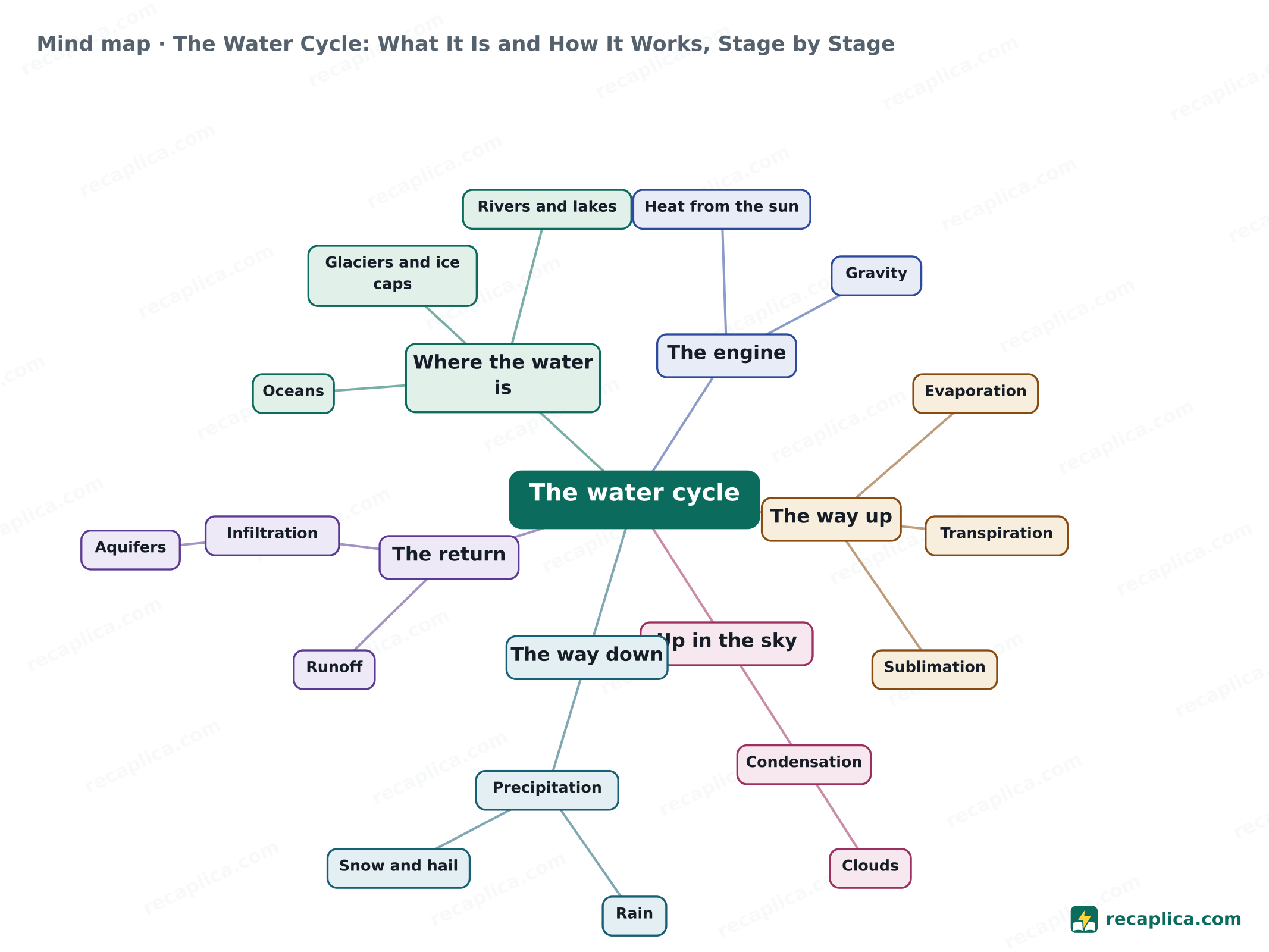 Mind map: The Water Cycle: What It Is and How It Works, Stage by Stage