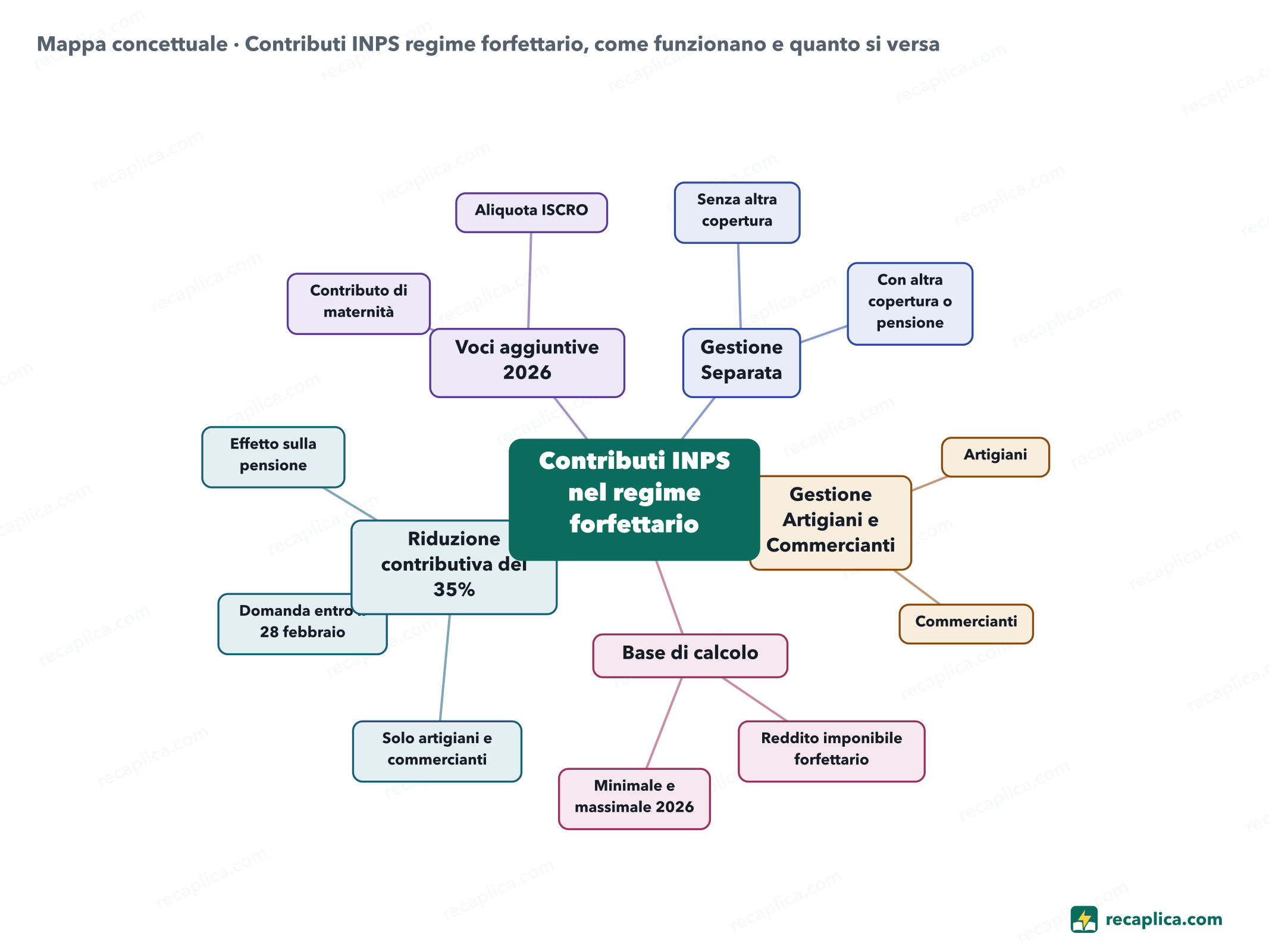 Mappa concettuale: Contributi INPS regime forfettario, come funzionano e quanto si versa