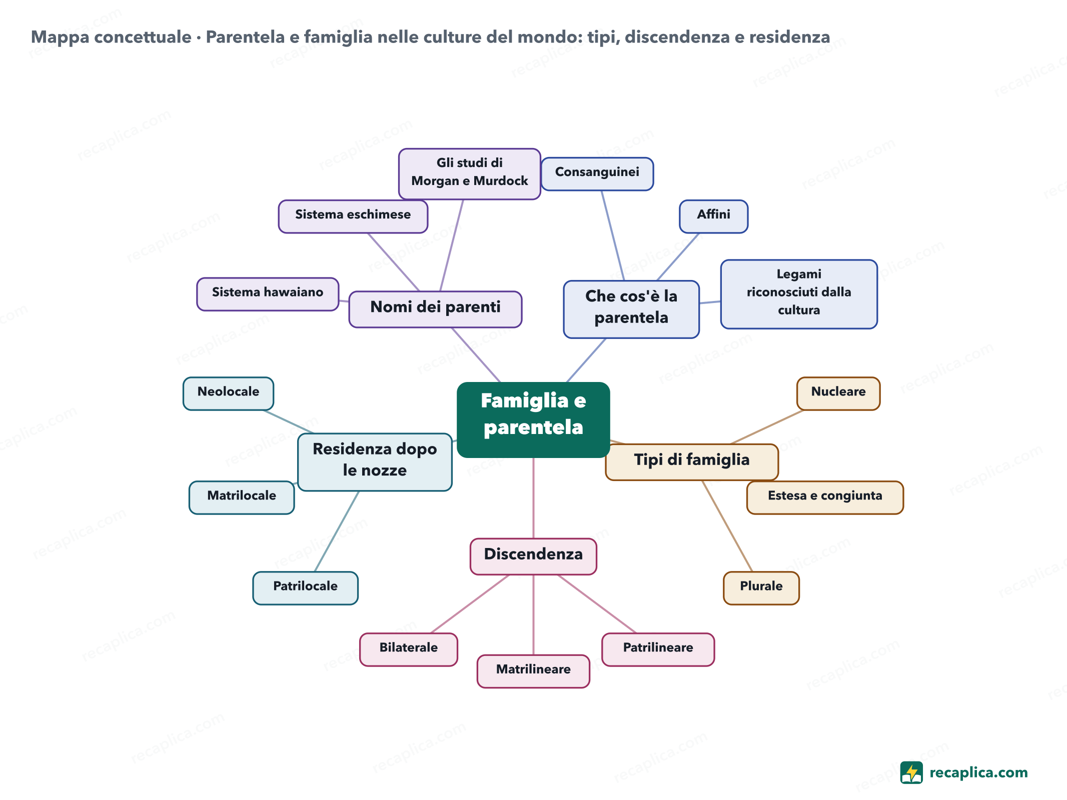 Mappa concettuale: Parentela e famiglia nelle culture del mondo: tipi, discendenza e residenza