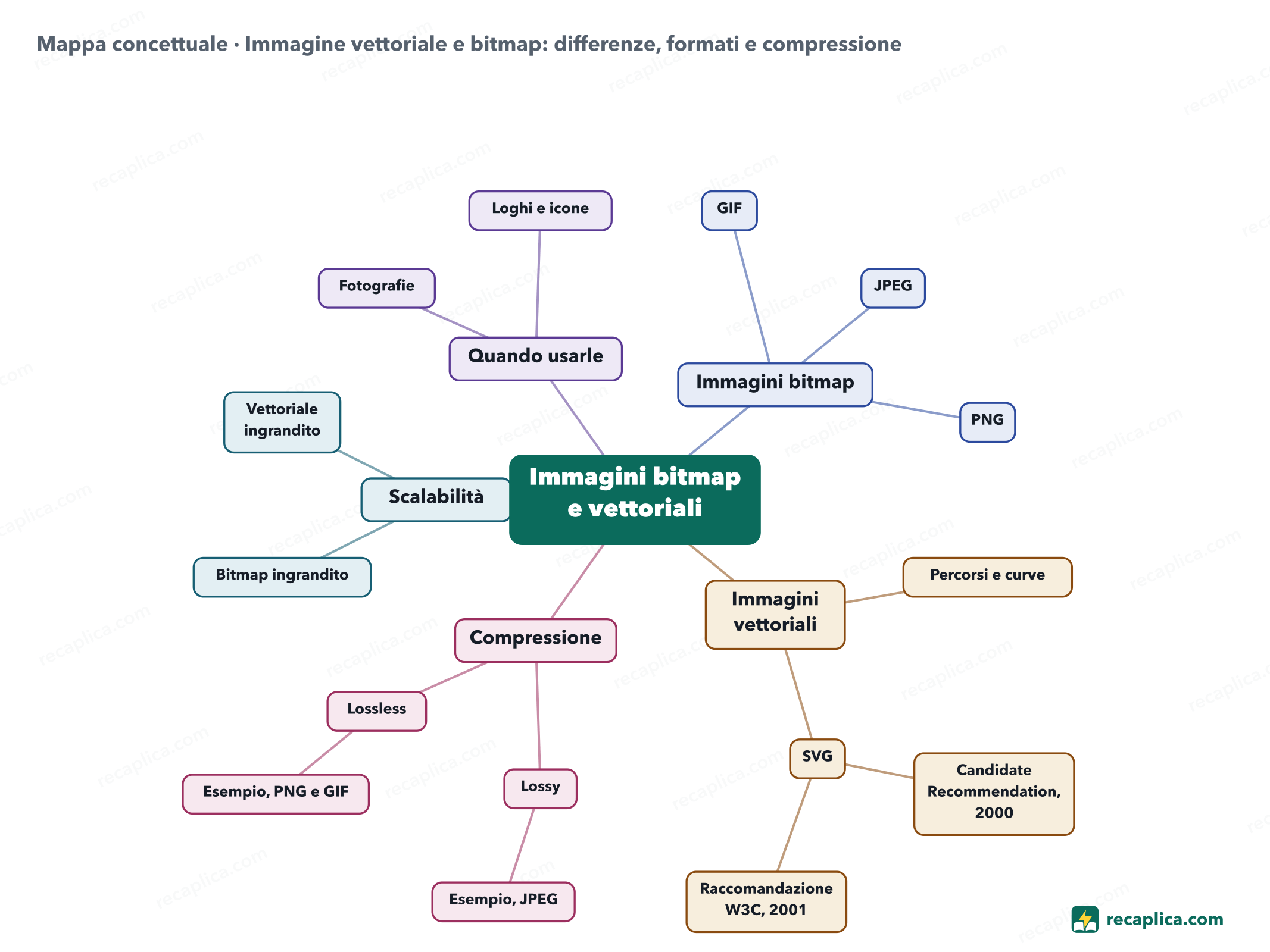 Mappa concettuale: Immagine vettoriale e bitmap: differenze, formati e compressione