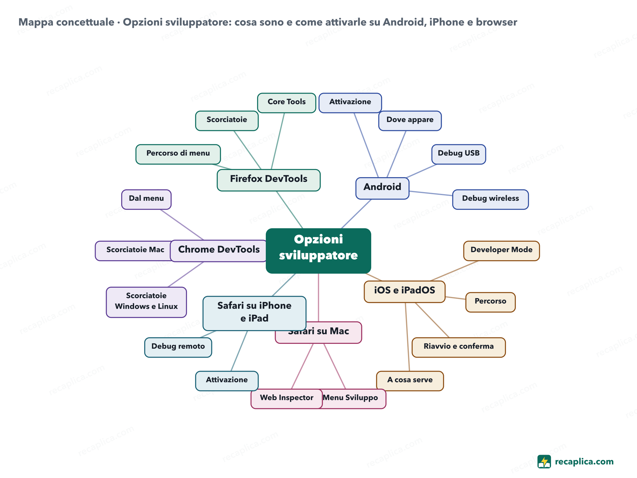 Mappa concettuale: Opzioni sviluppatore: cosa sono e come attivarle su Android, iPhone e browser