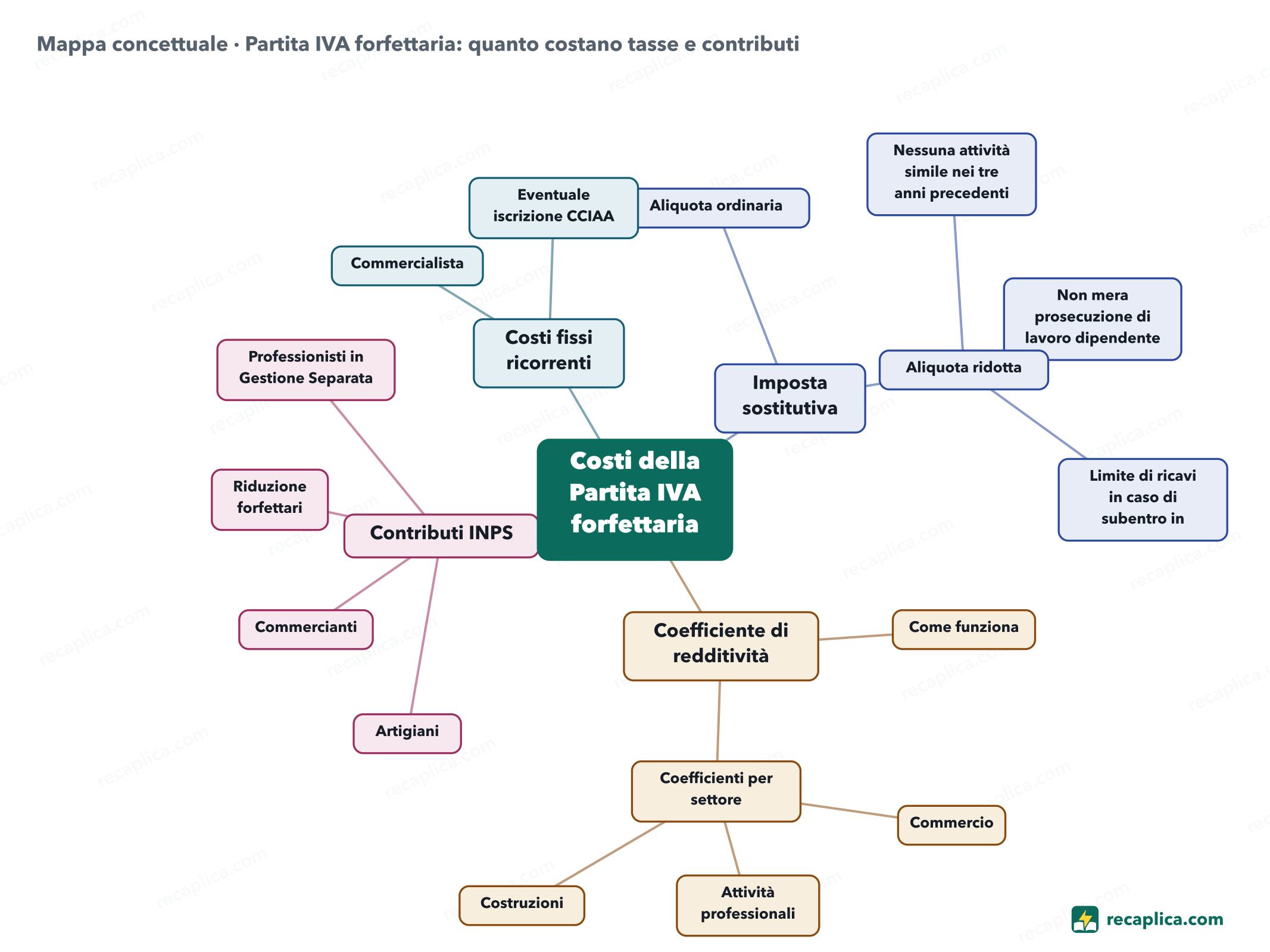 Mappa concettuale: Partita IVA forfettaria: quanto costano tasse e contributi