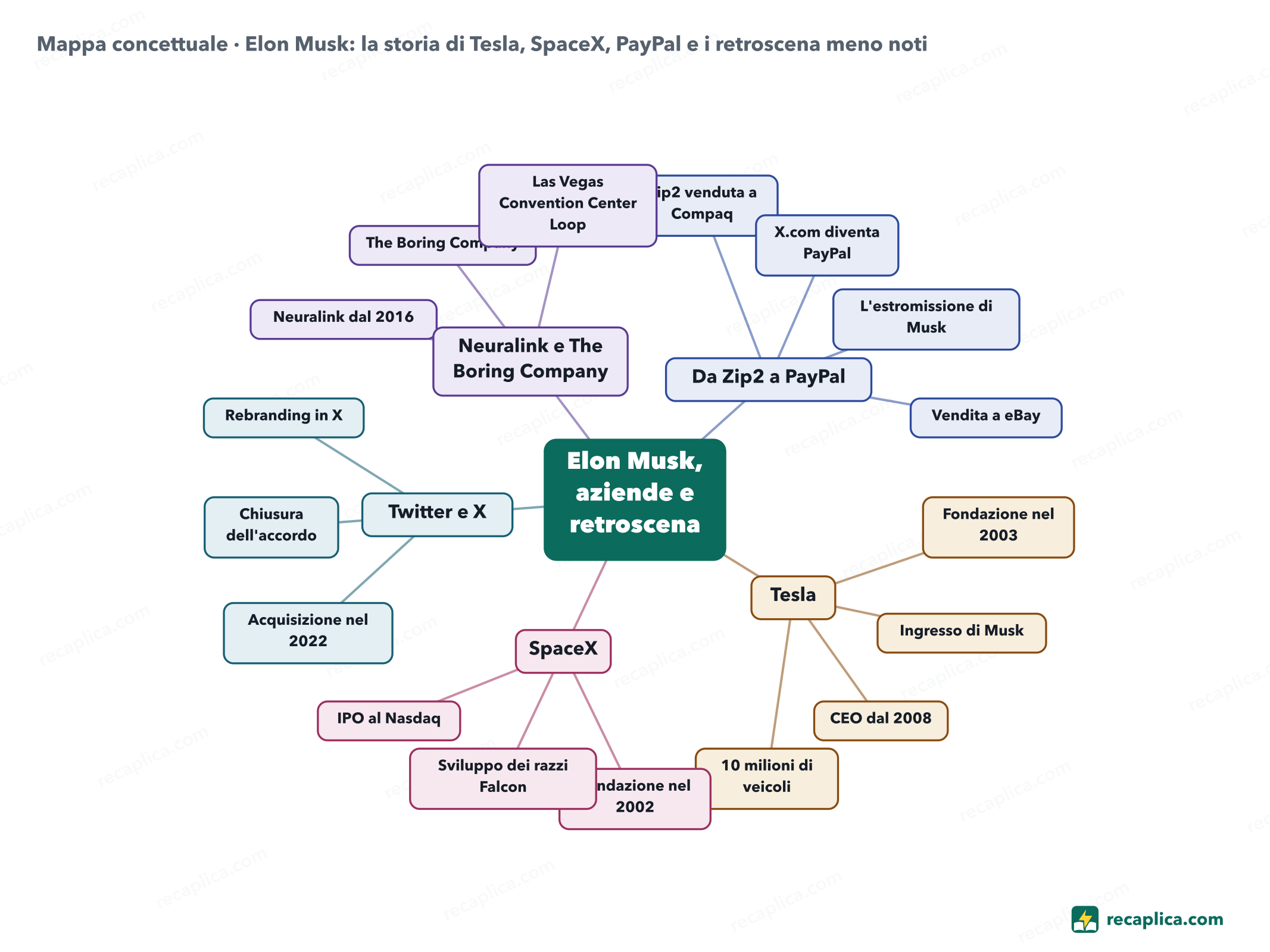 Mappa concettuale: Elon Musk: la storia di Tesla, SpaceX, PayPal e i retroscena meno noti