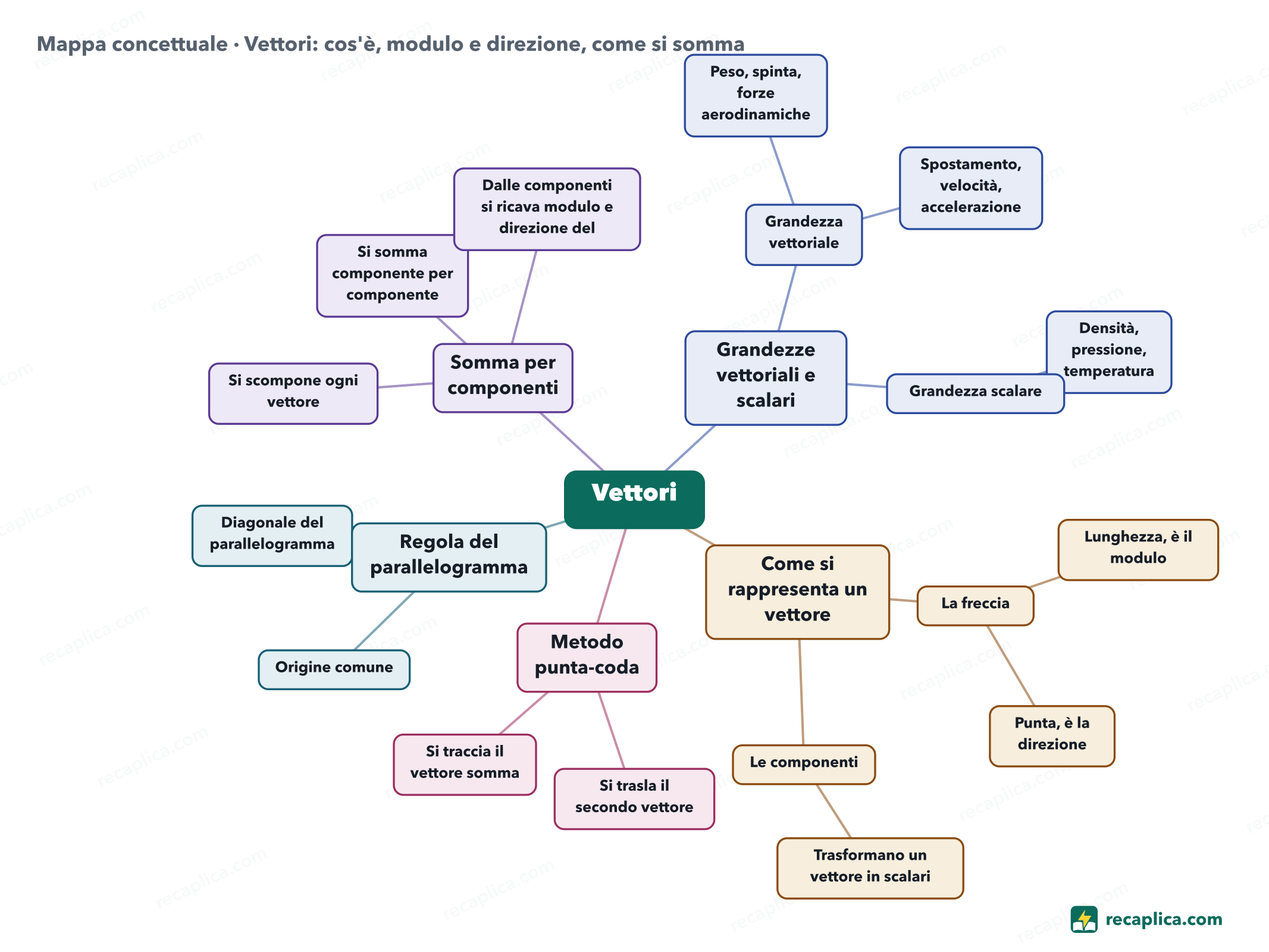 Mappa concettuale: Vettori: cos'è, modulo e direzione, come si somma